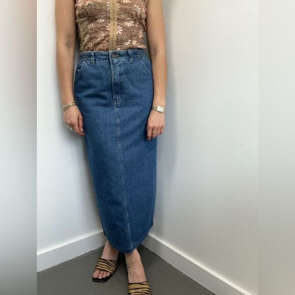 Vintage 90's Lee Blue Denim Maxi Skirt High Rise Straight Fit Size S - Picture 2 of 12